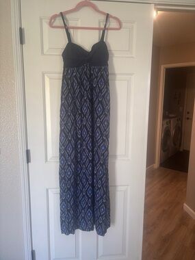 Anthropologie Black and Blue Ikat Maxi Dress